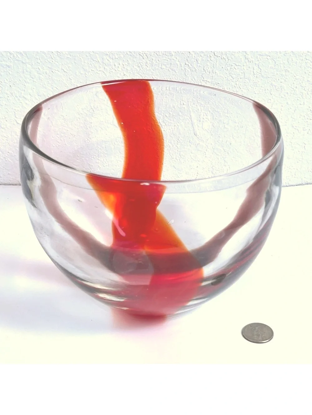 Hand-Blown Glass Bowl with Red Swirl Design